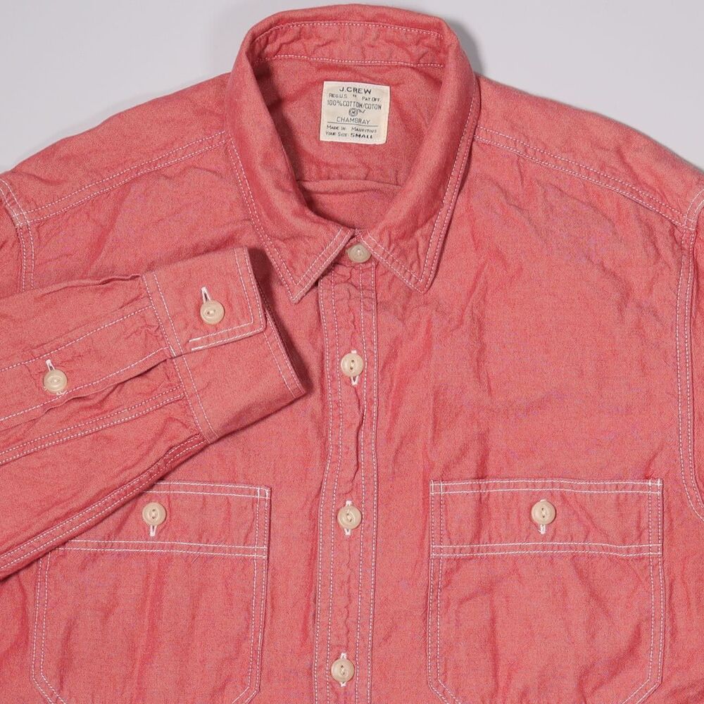 J Crew Chambray Long Sleeve Button Shirt Red Cotton Mens Small S